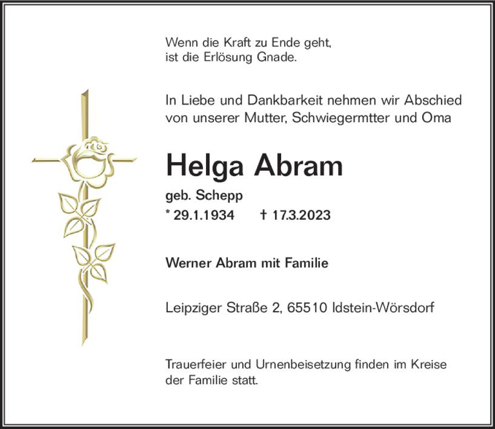  Traueranzeige für Helga Abram vom 25.03.2023 aus Idsteiner Land/Untertaunus