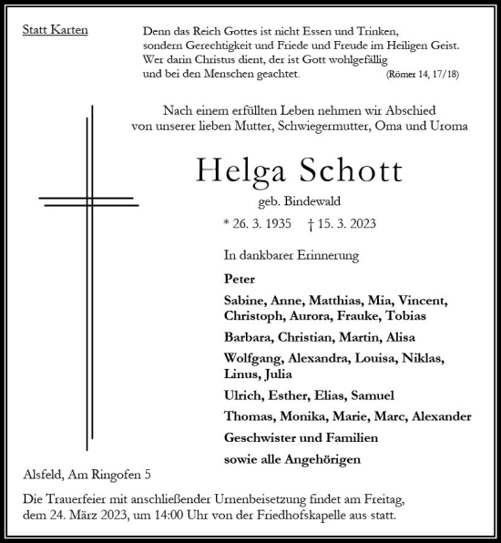 Traueranzeige von Helga Schott von VRM Trauer