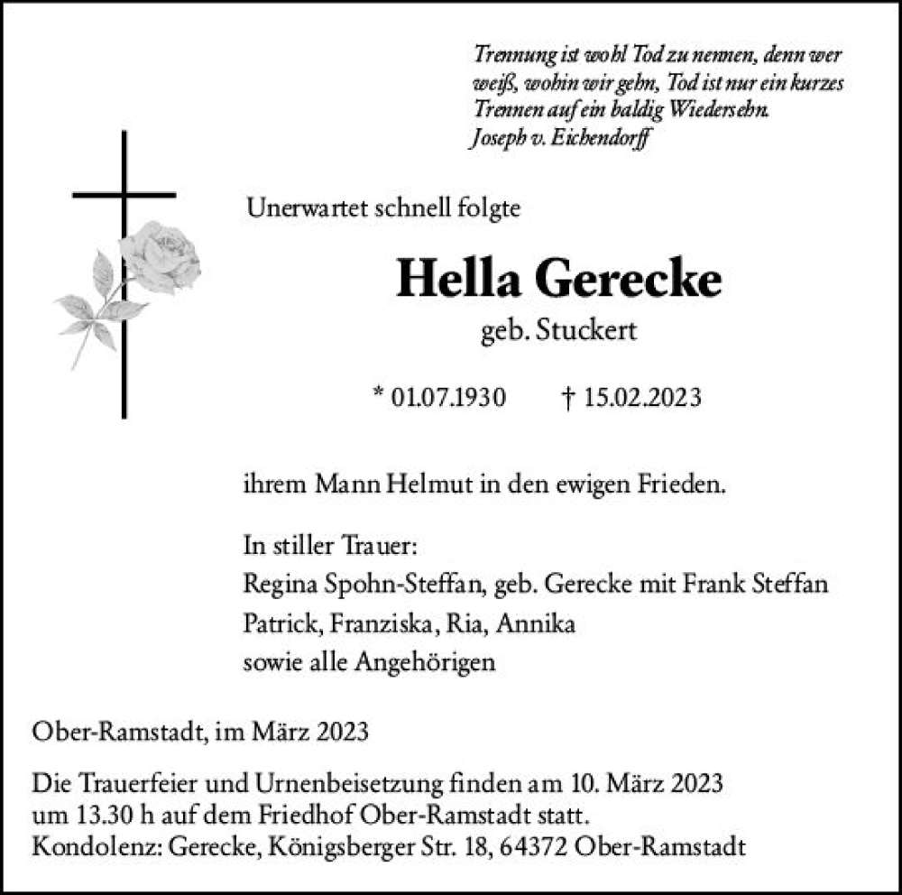  Traueranzeige für Hella Gerecke vom 04.03.2023 aus Darmstädter Echo