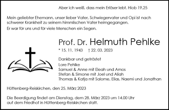 Traueranzeige von Helmuth Pehlke von Wetzlarer Neue Zeitung