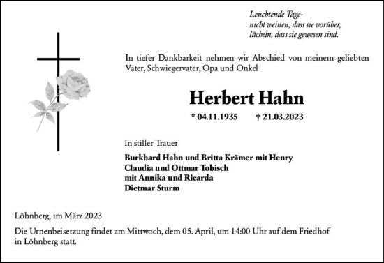 Traueranzeige von Herbert Hahn von Weilburger Tageblatt