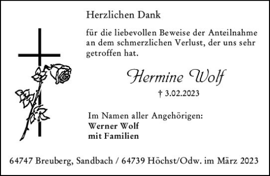 Traueranzeige von Hermine Wolf von Odenwälder Echo