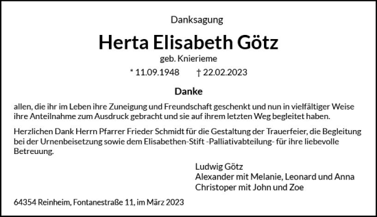 Traueranzeige von Herta Elisabeth Götz von Darmstädter Echo