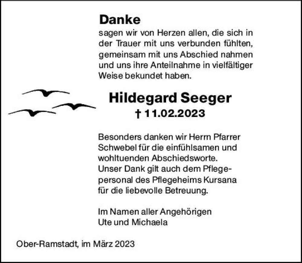  Traueranzeige für Hildegard Seeger vom 11.03.2023 aus Darmstädter Echo
