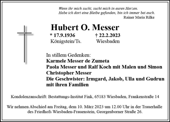Traueranzeige von Hubert O. Messer von Wiesbadener Kurier