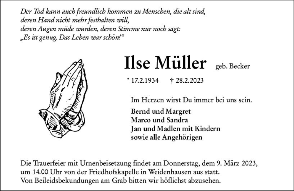  Traueranzeige für Ilse Müller vom 06.03.2023 aus Hinterländer Anzeiger