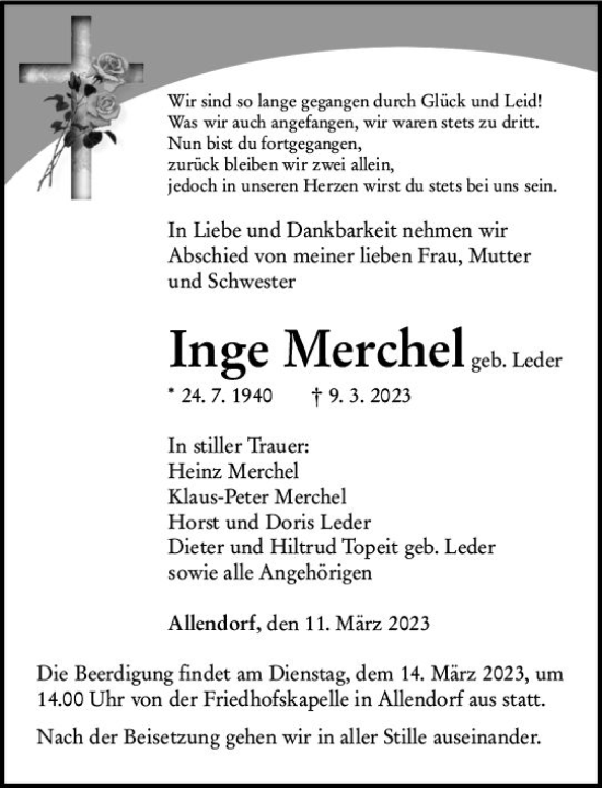 Traueranzeige von Inge Merchel von Dill Block