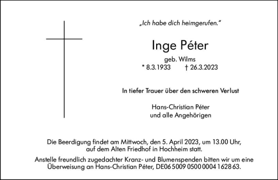 Traueranzeige von Inge Peter von Wiesbadener Kurier