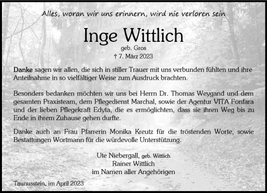 Traueranzeige von Inge Wittlich von Wiesbadener Kurier