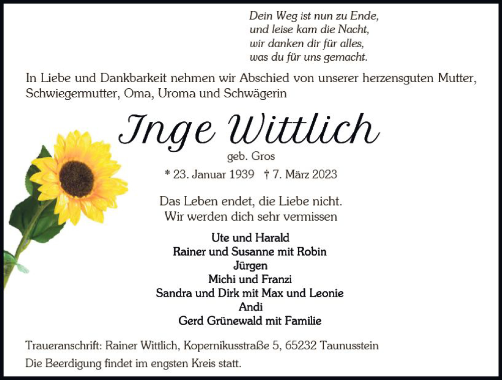  Traueranzeige für Inge Wittlich vom 11.03.2023 aus Wiesbadener Kurier