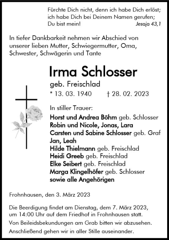 Traueranzeige von Irma Schlosser von Dill Block