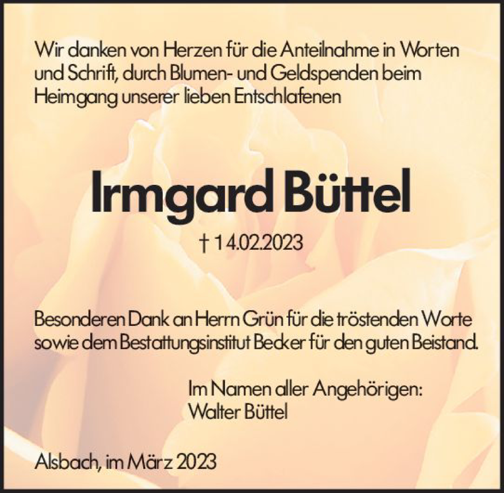  Traueranzeige für Irmgard Büttel vom 11.03.2023 aus Darmstädter Echo