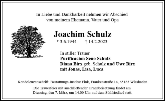 Traueranzeige von Joachim Schulz von Wiesbadener Kurier