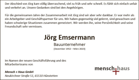 Traueranzeige von Jörg Emsermann von Wiesbadener Kurier