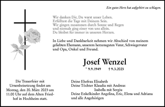 Traueranzeige von Josef Wenzel von Hochheimer Zeitung