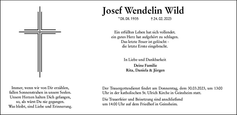  Traueranzeige für Josef Wendelin Wild vom 18.03.2023 aus Groß-Gerauer Echo