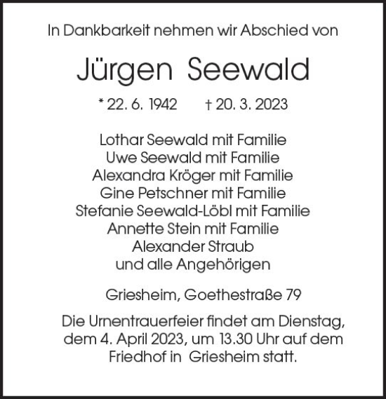 Traueranzeige von Jürgen Seewald von Darmstädter Echo