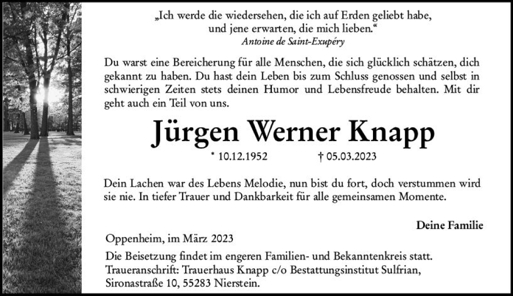  Traueranzeige für Jürgen Werner Knapp vom 23.03.2023 aus Allgemeine Zeitung Mainz