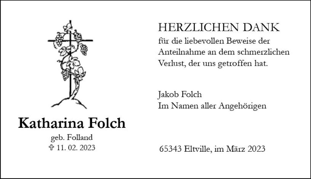  Traueranzeige für Katharina Folch vom 11.03.2023 aus Wiesbadener Kurier