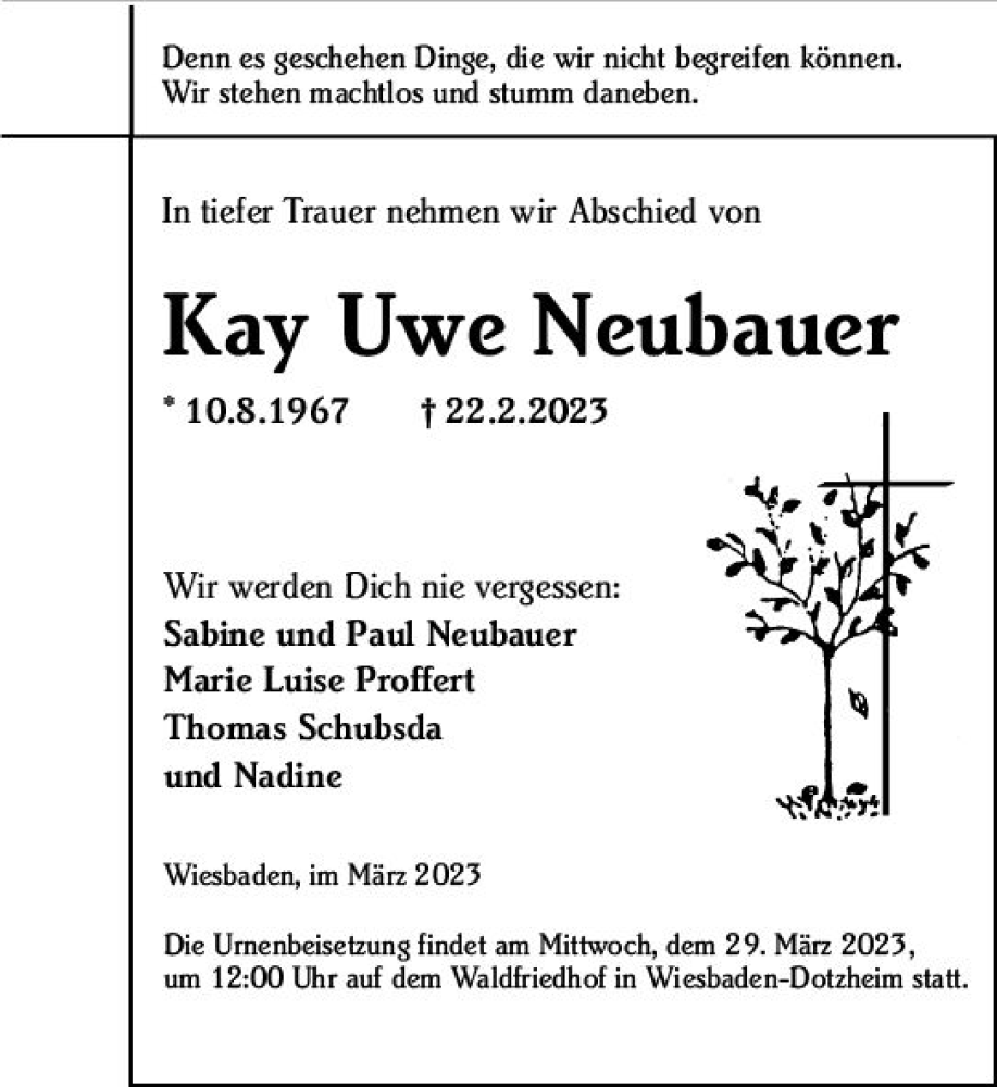  Traueranzeige für Kay Uwe Neubauer vom 11.03.2023 aus Wiesbadener Kurier