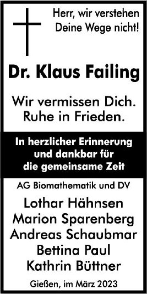  Traueranzeige für Klaus Failing vom 01.04.2023 aus Wetzlarer Neue Zeitung