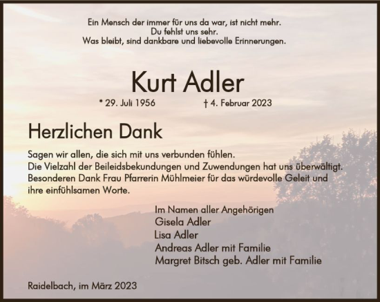 Traueranzeige von Kurt Adler von Odenwälder Echo
