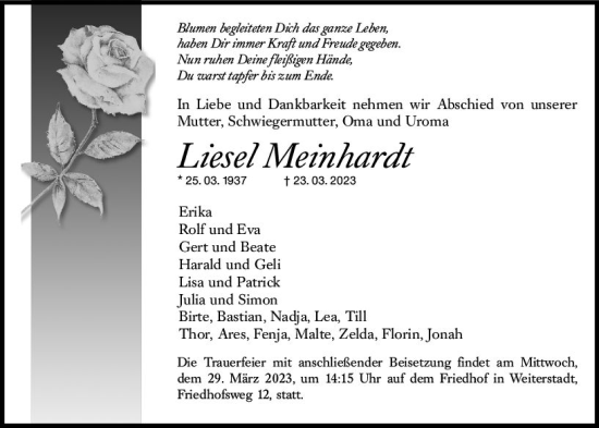 Traueranzeige von Liesel Meinhardt von Darmstädter Echo