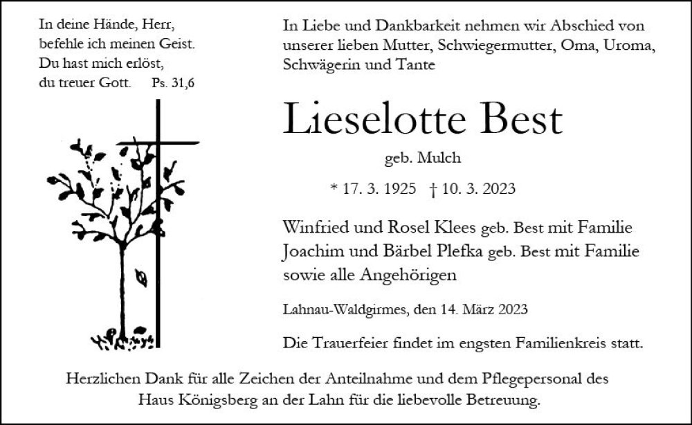  Traueranzeige für Lieselotte Best vom 14.03.2023 aus Wetzlarer Neue Zeitung