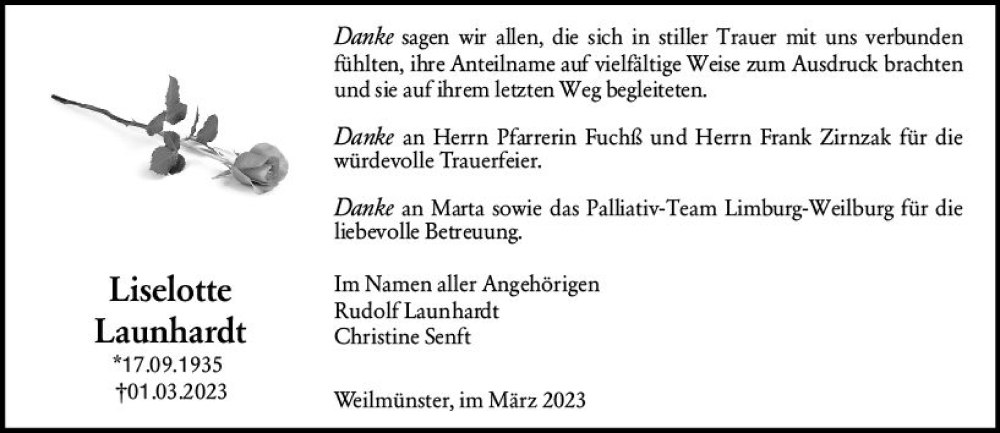  Traueranzeige für Lieselotte Launhardt vom 25.03.2023 aus Weilburger Tageblatt