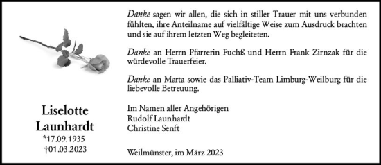 Traueranzeige von Lieselotte Launhardt von Weilburger Tageblatt