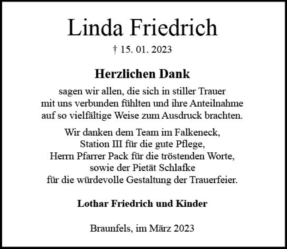  Traueranzeige für Linda Friedrich vom 04.03.2023 aus Wetzlarer Neue Zeitung