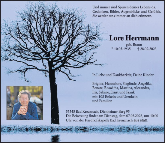 Traueranzeige von Lore Herrmann von Allgemeine Zeitung Bad Kreuznach