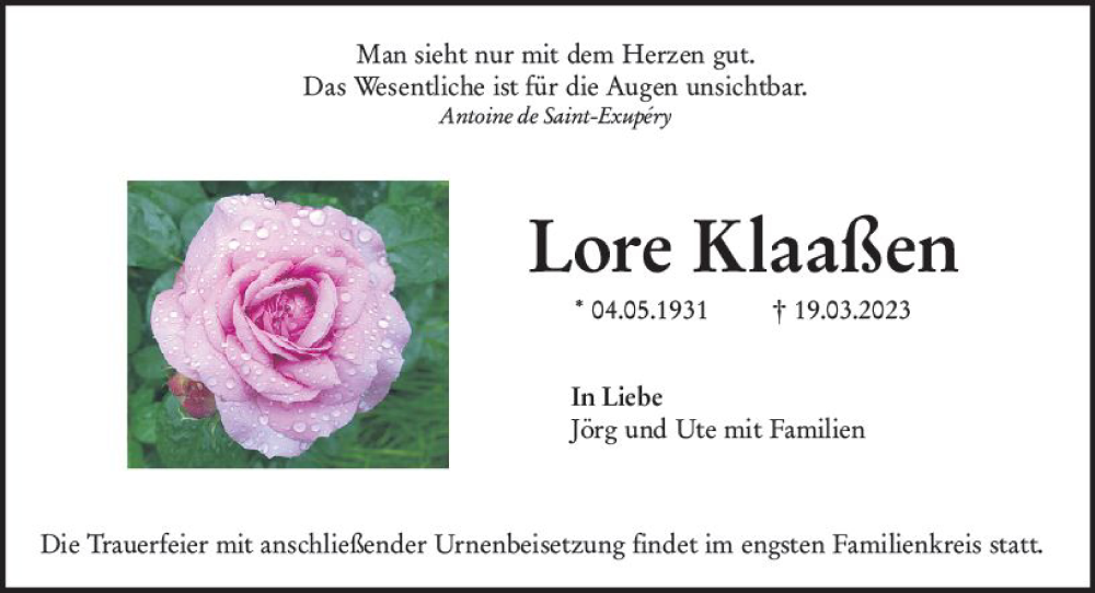  Traueranzeige für Lore Klaaßen vom 22.03.2023 aus Groß-Gerauer Echo