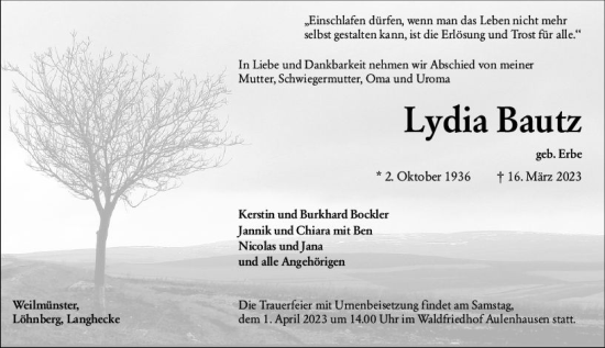 Traueranzeige von Lydia Bautz von Weilburger Tageblatt