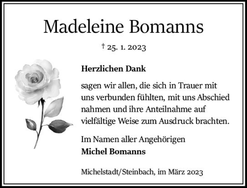  Traueranzeige für Madeleine Bomanns vom 04.03.2023 aus Odenwälder Echo