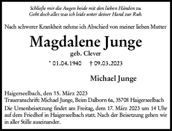 Traueranzeige von Magdalene Junge von Dill Block