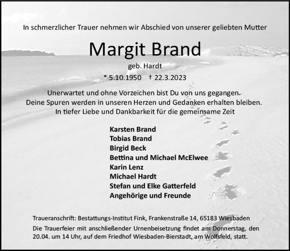  Traueranzeige für Margit Brand vom 01.04.2023 aus Wiesbadener Kurier