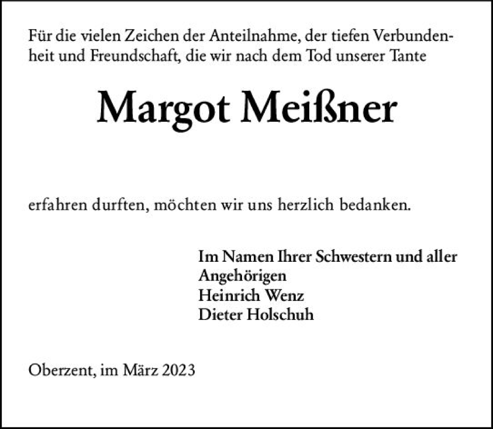 Traueranzeige für Margot Meißner vom 11.03.2023 aus Odenwälder Echo