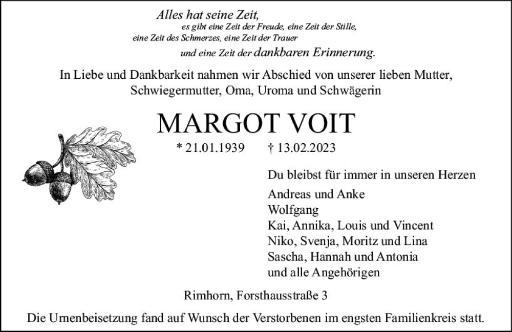  Traueranzeige für Margot Voit vom 14.03.2023 aus Odenwälder Echo
