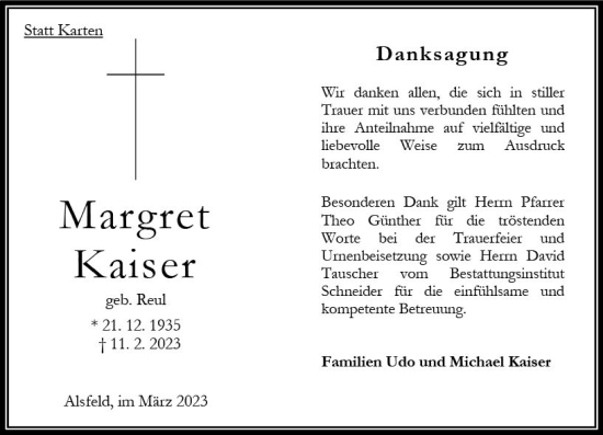 Traueranzeige von Margret Kaiser von Oberhessen Kurier