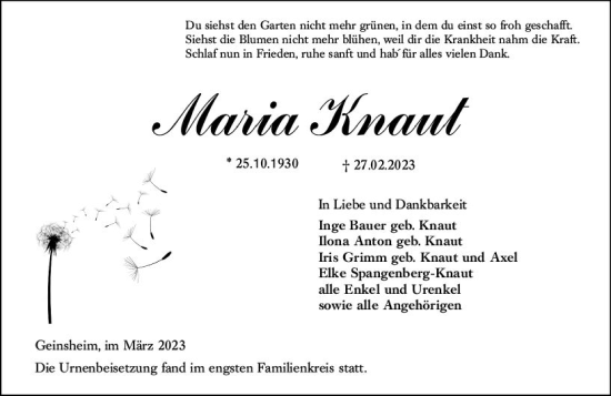 Traueranzeige von Maria Knaut von Groß-Gerauer Echo