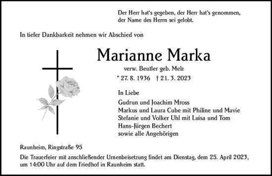 Traueranzeige von Marianne Marka von Rüsselsheimer Echo