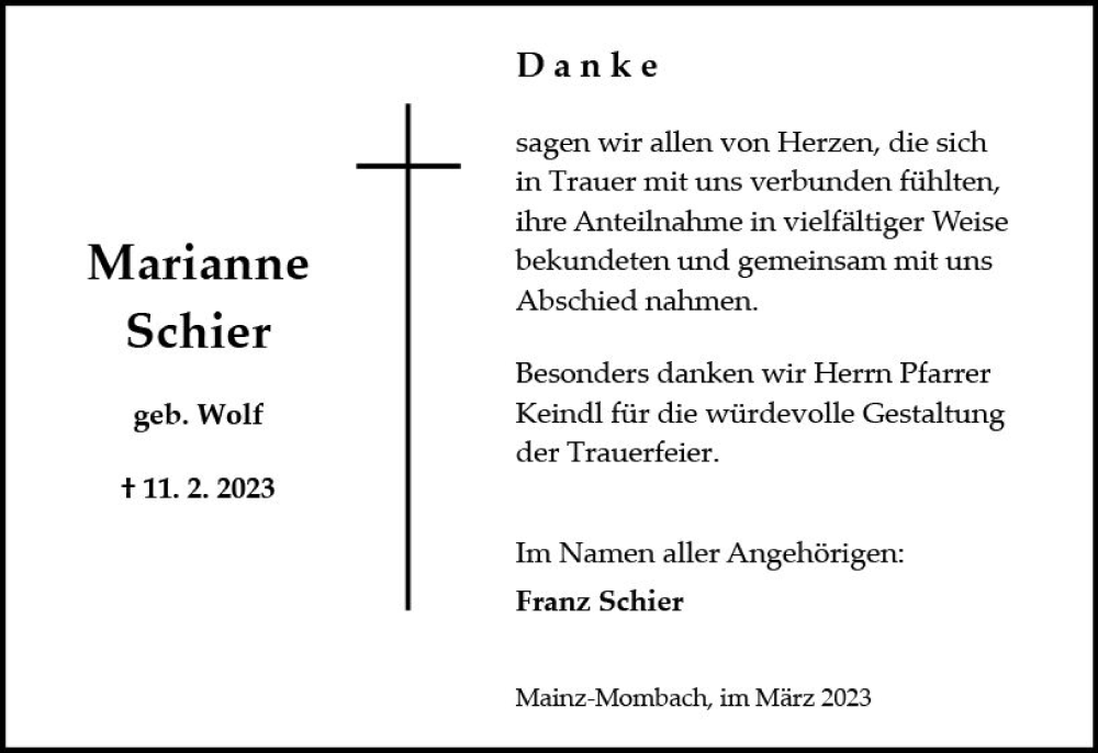  Traueranzeige für Marianne Schier vom 25.03.2023 aus Allgemeine Zeitung Mainz