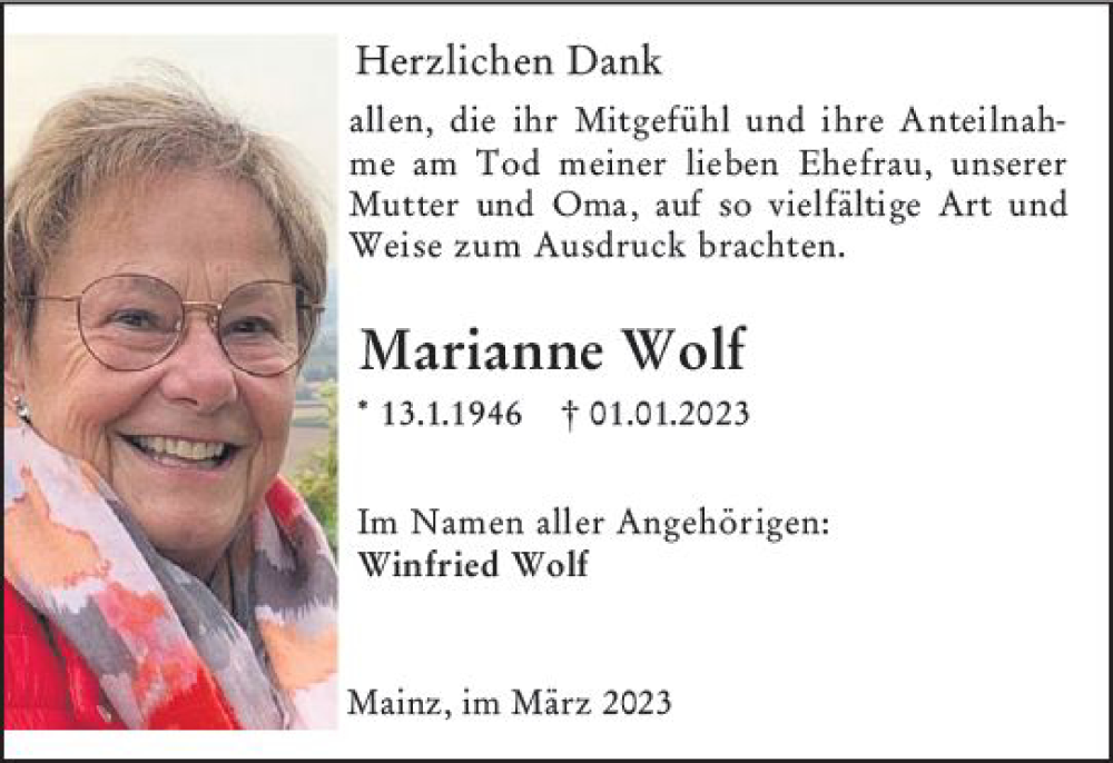  Traueranzeige für Marianne Wolf vom 03.03.2023 aus Allgemeine Zeitung Mainz
