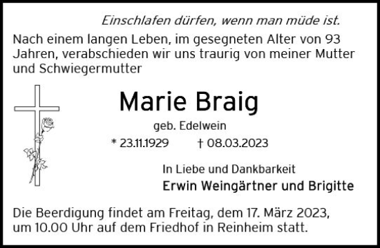 Traueranzeige von Marie Braig von Darmstädter Echo
