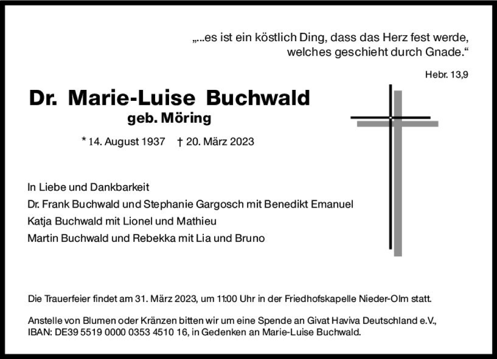  Traueranzeige für Marie-Luise Buchwald vom 29.03.2023 aus Allgemeine Zeitung Mainz