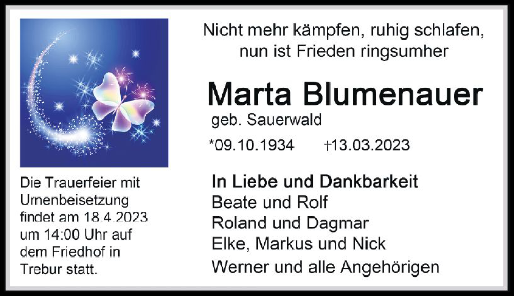  Traueranzeige für Marta Blumenauer vom 25.03.2023 aus Rüsselsheimer Echo