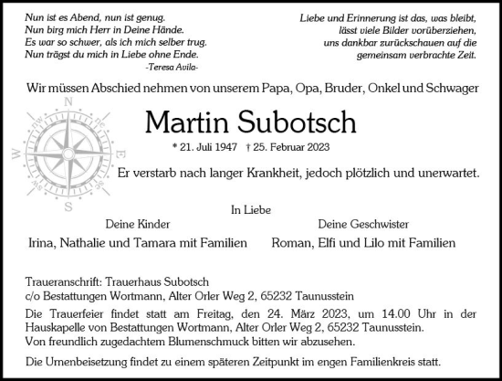 Traueranzeige von Martin Subotsch von Wiesbadener Kurier