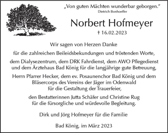 Traueranzeige von Norbert Hofmeyer von Odenwälder Echo