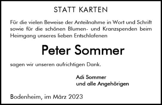 Traueranzeige von Peter Sommer von Allgemeine Zeitung Mainz